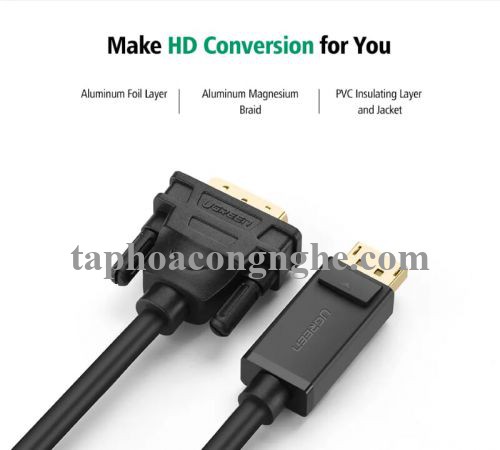 Ugreen 10222 3M màu Đen Cáp chuyển đổi DP sang DVI 24 + 1 Hỗ trợ độ phân giải 1920x1201 DP103 30010222